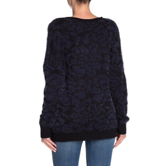 14th & Union Fuzzy Jacquard Blue Hi Low Scoop Neck Knit Sweater Womens Size L - Picture 3 of 12